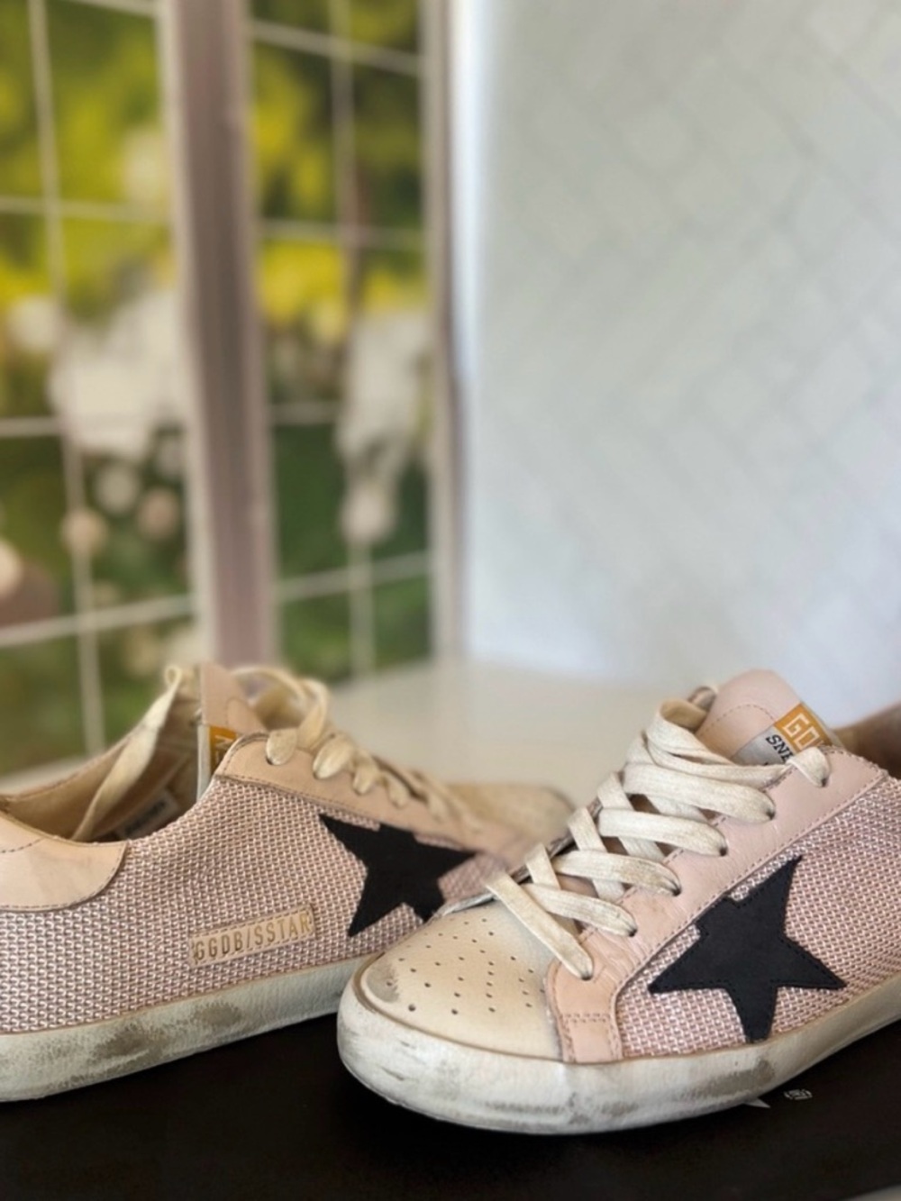 Golden Goose - Pink mesh golden goose super star with navy stars.